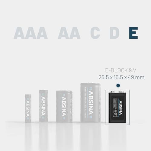 ABSINA 9V Blockbatterie NiMH wiederaufladbar mit min. 270mAh & 8,4V - Rechargeable Battery - E-Block Akku für Hausgebrau