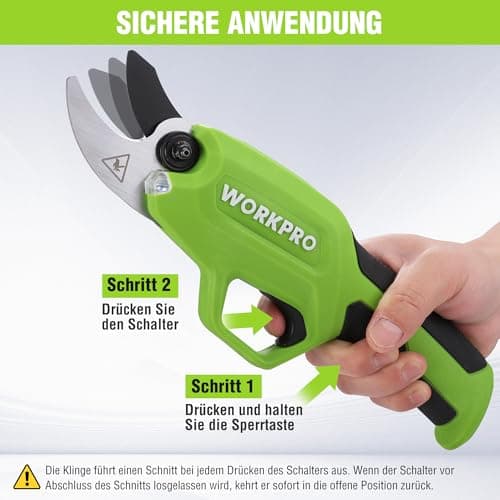 WORKPRO 7,2V Akku Gartenschere für Professionelle und Hobbygärtner im Garten und Wald mit 19mm Schnittdurchmesser und 2A