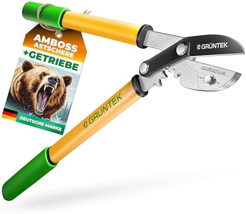 GRÜNTEK GRIZZLY Metall-Amboss Heckenschere – Antihaftbeschichtung, 60mm Klingenlänge, 2-fach-Getriebe, ergonomische Grif