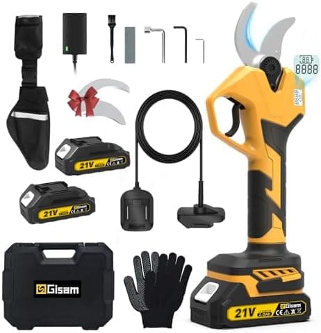 Gisam Akku Gartenschere Gelb - Elektrische Astschere 40MM mit 2 x 2Ah Batterien & LCD Display - Hecken & Obstbaums Besch