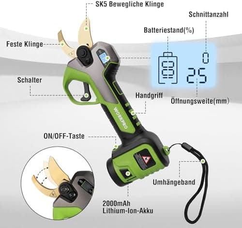WORKPRO 12V Akku Heckenschere mit bürstenlosem Motor, professionelle Gartenschere für Garten und Obstbäume, 2-Akku-Koffe