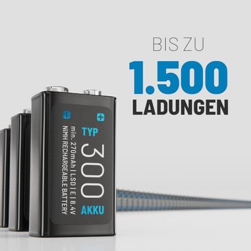 ABSINA 9V Blockbatterie NiMH wiederaufladbar mit min. 270mAh & 8,4V - Rechargeable Battery - E-Block Akku für Hausgebrau
