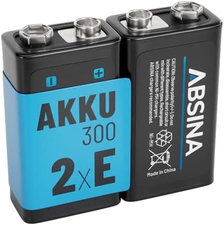 ABSINA 9V Blockbatterie NiMH wiederaufladbar mit min. 270mAh & 8,4V - Rechargeable Battery - E-Block Akku für Hausgebrau