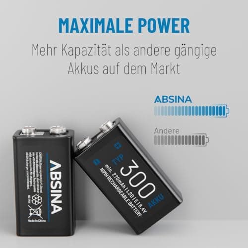 ABSINA 9V Blockbatterie NiMH wiederaufladbar mit min. 270mAh & 8,4V - Rechargeable Battery - E-Block Akku für Hausgebrau