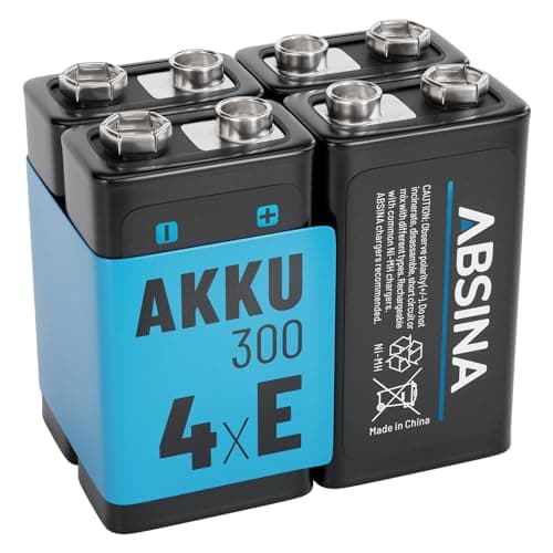ABSINA 9V Blockbatterie NiMH wiederaufladbar mit min. 270mAh & 8,4V - Rechargeable Battery - E-Block Akku für Hausgebrau
