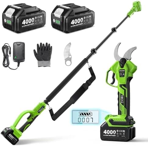 TaskStar Akku Gartenschere 2-in-1: Teleskopstange bis 4,5 m, 2 x 4000mAh Batterie, Bürstenloser Motor, 4 modi Klinge für
