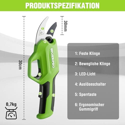 WORKPRO 7,2V Akku Gartenschere für Professionelle und Hobbygärtner im Garten und Wald mit 19mm Schnittdurchmesser und 2A