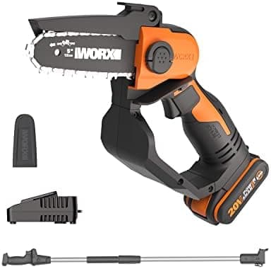 WORX Akku Mini Kettensäge 18V MAX PowerShare 12 cm vibrationsarm leicht Verlängerungsstange 1 Akku 1 Ladegerät