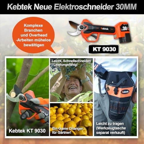 Kebtek Professionelle 2025 NEU Elektrische Gartenschere, 16.8V 30mm Laufzeit 8-10H Sicherheitsschalter, Heavy Duty Garte