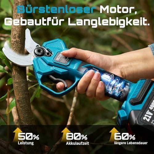 SEESII Akku Astschere CS440 – Bürstenloses elektrisches Gartengerät mit SK5-Klinge und 2 * 4000 mAh Akkus, für professio