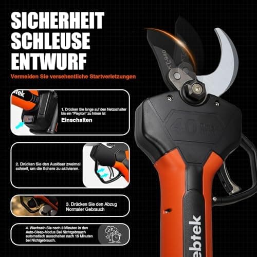 Kebtek Elektrische Gartenschere 40MM - Professionelle Akku Gartenschere 18V, 2Pack 2AH Lithium Batterie