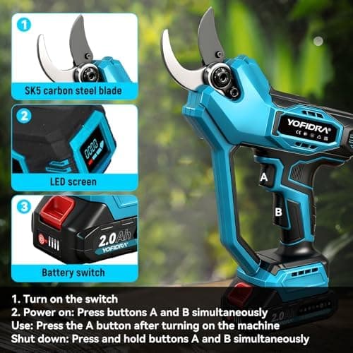 Yofidra Akku Astschere 21V Für Gartenliebhaber | Bürstenloser Motor und LCD Schnittzähler | 2 x 2000mAh Akkus | SK5 Klin