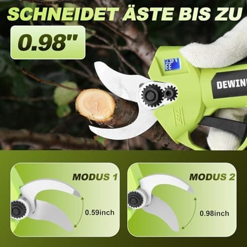 DEWINNER Akku Elektrische Gartenschere – Brushless Motor, SK5 Klinge, 25mm Schnitt, 2x2000mAh Akku, ideal für Bäume, Blu