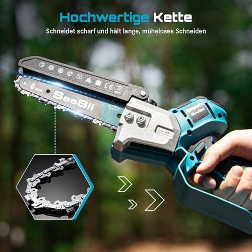 SEESII 18V Mini Kettensäge, Einhand Aufchargebare Säge mit Automatischem Ölversorgung, Ideal für Gartenarbeiten und Holz