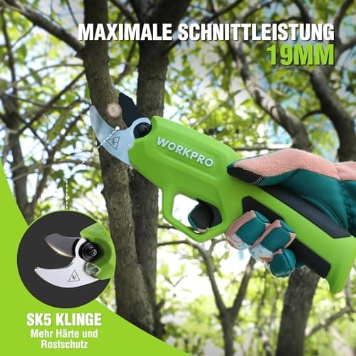 WORKPRO 7,2V Akku Gartenschere für Professionelle und Hobbygärtner im Garten und Wald mit 19mm Schnittdurchmesser und 2A