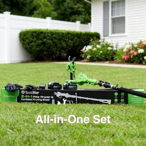 TaskStar Akku Gartenschere 2-in-1: Teleskopstange bis 4,5 m, 2 x 4000mAh Batterie, Bürstenloser Motor, 4 modi Klinge für