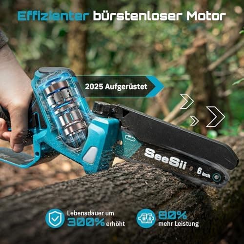 SEESII 18V Mini Kettensäge, Einhand Aufchargebare Säge mit Automatischem Ölversorgung, Ideal für Gartenarbeiten und Holz