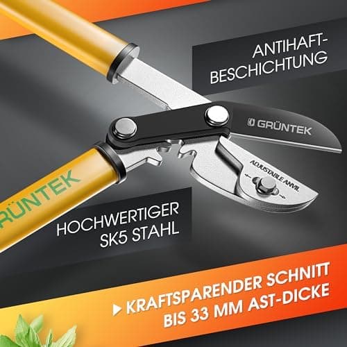 GRÜNTEK GRIZZLY Metall-Amboss Heckenschere – Antihaftbeschichtung, 60mm Klingenlänge, 2-fach-Getriebe, ergonomische Grif
