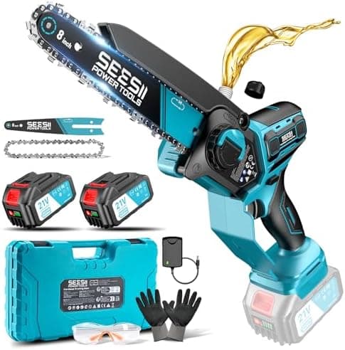 SEESII 18V Mini Kettensäge, Einhand Aufchargebare Säge mit Automatischem Ölversorgung, Ideal für Gartenarbeiten und Holz