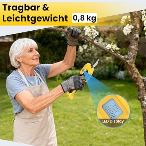 Akku Gartenschere 23-25mm, 600W Bürstenlosmotor und Längere Laufzeit, LED-Anzeige und USB-C Aufladen für Elektronische A