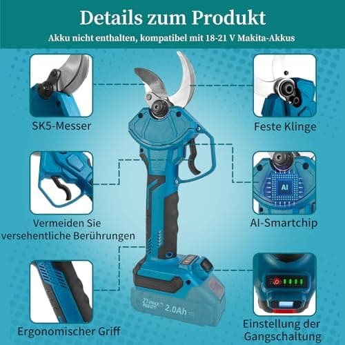 VKE Profi Akku Gartenschere 600W LED Anzeige Schneiddurchmesser 40mm
