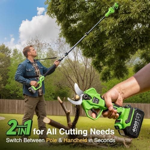 TaskStar Akku Gartenschere 2-in-1: Teleskopstange bis 4,5 m, 2 x 4000mAh Batterie, Bürstenloser Motor, 4 modi Klinge für