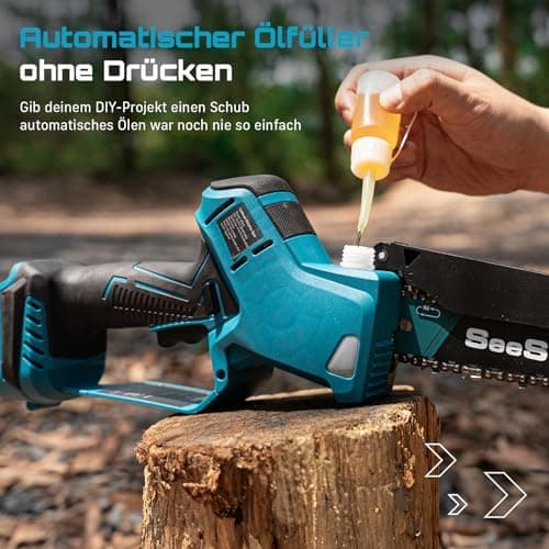 SEESII 18V Mini Kettensäge, Einhand Aufchargebare Säge mit Automatischem Ölversorgung, Ideal für Gartenarbeiten und Holz