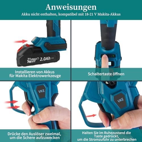 VKE Profi Akku Gartenschere 600W LED Anzeige Schneiddurchmesser 40mm