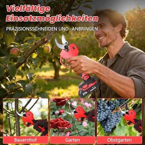 Akku Astschere für Gartenarbeit: 50mm Elektrische Gartenschere mit 2 Akkus und LCD-Bildschirm