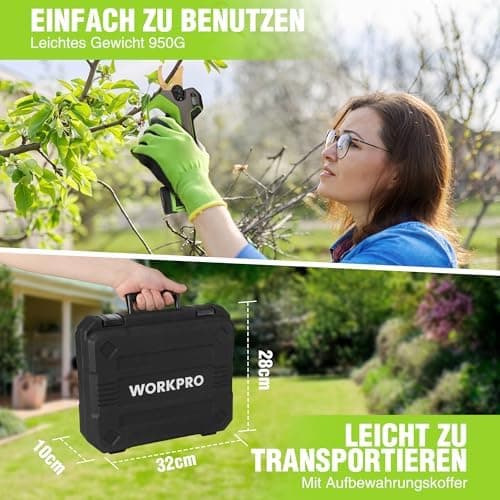 WORKPRO 12V Akku Heckenschere mit bürstenlosem Motor, professionelle Gartenschere für Garten und Obstbäume, 2-Akku-Koffe