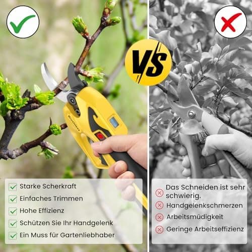 Akku Gartenschere 23-25mm, 600W Bürstenlosmotor und Längere Laufzeit, LED-Anzeige und USB-C Aufladen für Elektronische A