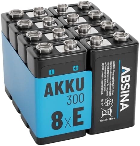 ABSINA 9V Blockbatterie NiMH wiederaufladbar mit min. 270mAh & 8,4V - Rechargeable Battery - E-Block Akku für Hausgebrau