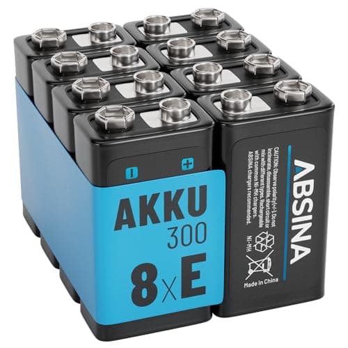 ABSINA 9V Blockbatterie NiMH wiederaufladbar mit min. 270mAh & 8,4V - Rechargeable Battery - E-Block Akku für Hausgebrau