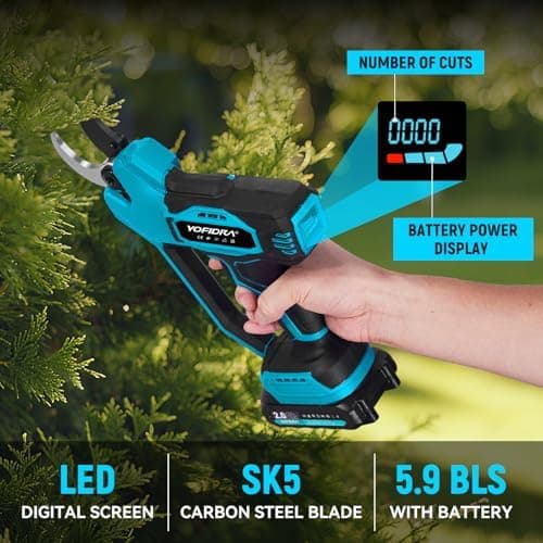 Yofidra Akku Astschere 21V Für Gartenliebhaber | Bürstenloser Motor und LCD Schnittzähler | 2 x 2000mAh Akkus | SK5 Klin