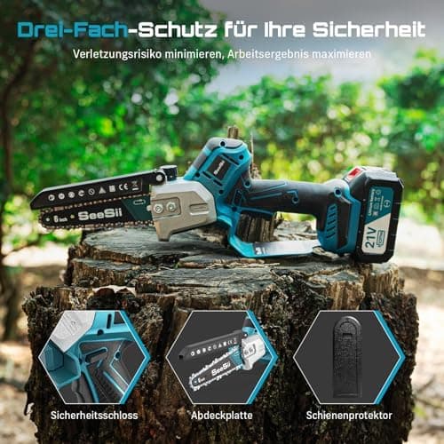 SEESII 18V Mini Kettensäge, Einhand Aufchargebare Säge mit Automatischem Ölversorgung, Ideal für Gartenarbeiten und Holz