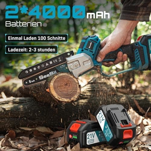 SEESII 18V Mini Kettensäge, Einhand Aufchargebare Säge mit Automatischem Ölversorgung, Ideal für Gartenarbeiten und Holz