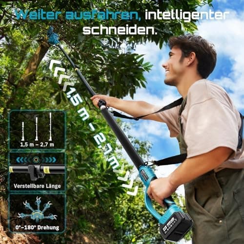 SEESII Akku Elektrische Gartenschere PS041Pro - 4,5 m Reichweite, 2x 4,0Ah Akkus, Brushless Motor, SK5 Klinge