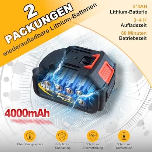 Prunarbo Akku-Kettensäge 900W Brushless PR-E8 - ideal für Gartenarbeit & Heimwerken & Holzbearbeitung 8" 2x |0Ah