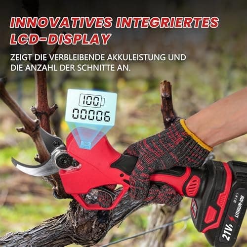 Akku Astschere für Gartenarbeit: 50mm Elektrische Gartenschere mit 2 Akkus und LCD-Bildschirm