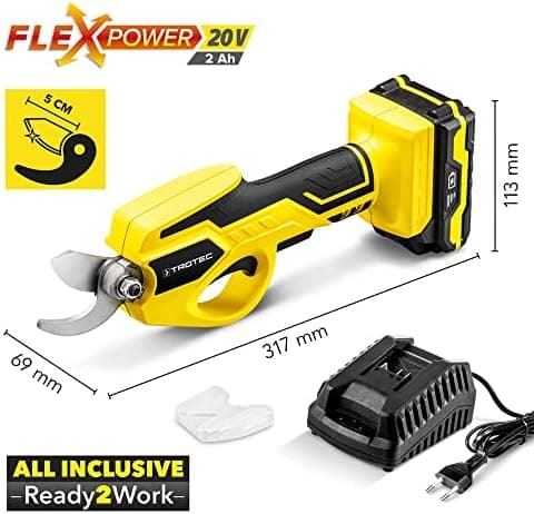 TROTEC Akku Astschere PGSS 15-20V – Multi Akku 20V 2 Ah Einschaltschutz & Fingerschutz für Hartholz und Weichholz