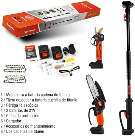 Altuna Akku-Gartenschere KitTitan - Elektrische Kettensäge + Elektrische Gartenschere + Teleskopstange 1,63 Meter + 2 Ak