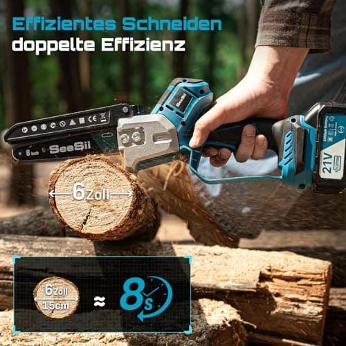 SEESII 18V Mini Kettensäge, Einhand Aufchargebare Säge mit Automatischem Ölversorgung, Ideal für Gartenarbeiten und Holz