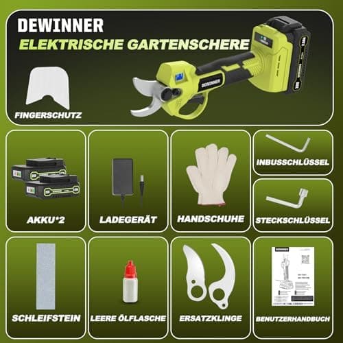 DEWINNER Akku Elektrische Gartenschere – Brushless Motor, SK5 Klinge, 25mm Schnitt, 2x2000mAh Akku, ideal für Bäume, Blu