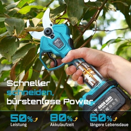 SEESII Akku Elektrische Gartenschere PS041Pro - 4,5 m Reichweite, 2x 4,0Ah Akkus, Brushless Motor, SK5 Klinge