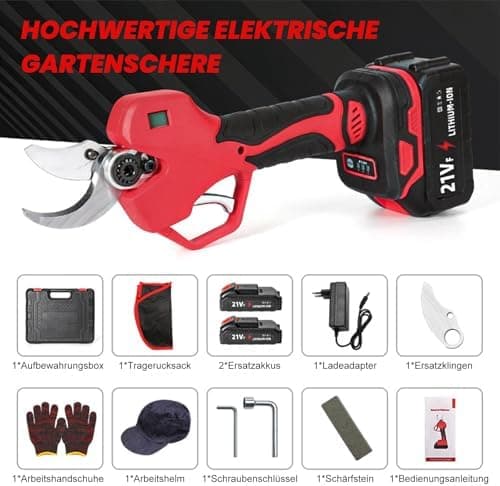 Akku Astschere für Gartenarbeit: 50mm Elektrische Gartenschere mit 2 Akkus und LCD-Bildschirm