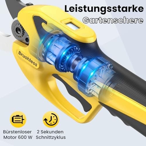 Akku Gartenschere 23-25mm, 600W Bürstenlosmotor und Längere Laufzeit, LED-Anzeige und USB-C Aufladen für Elektronische A