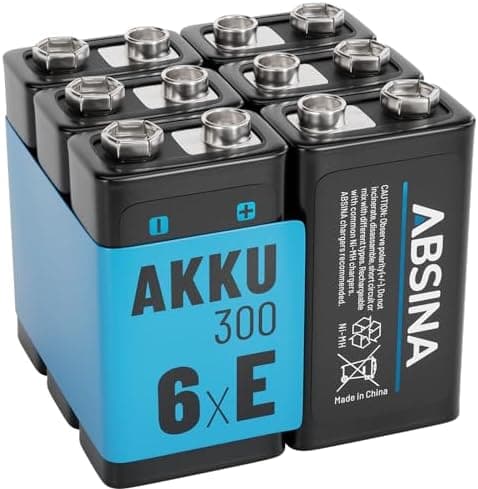 ABSINA 9V Blockbatterie NiMH wiederaufladbar mit min. 270mAh & 8,4V - Rechargeable Battery - E-Block Akku für Hausgebrau
