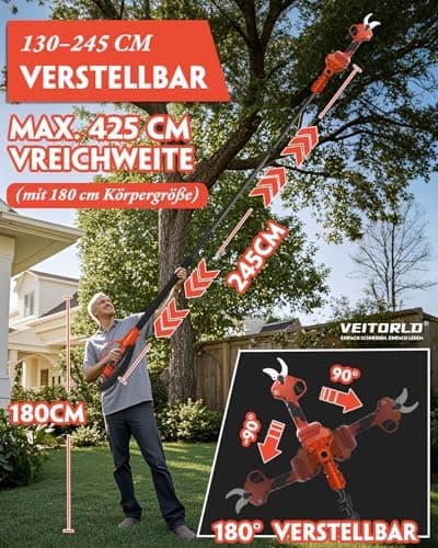 Veitorld Astschere Teleskop, 2000mAh Akku, Teleskopstange 130-245 cm, Geschenk für Männer zu Valentinstag