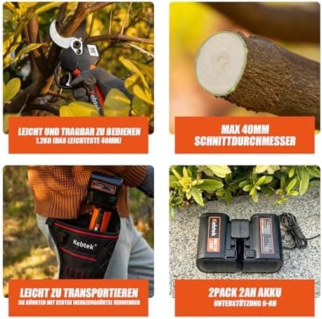 Kebtek Elektrische Gartenschere 40MM - Professionelle Akku Gartenschere 18V, 2Pack 2AH Lithium Batterie
