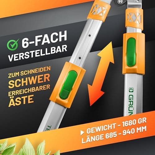 GRÜNTEK 6-fach verstellbare Astschere – ideal zum Stutzen von trockenem Holz – Rutschfeste Griffe